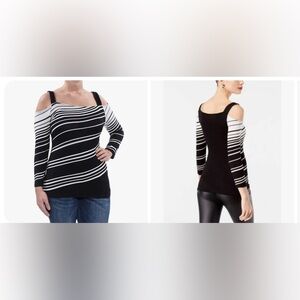 🖤🤍LIKE NEW INC INTERNATIONAL CONCEPTS BLACK AND WHITE STRIPED BLOUSE SZ M🤍🖤
